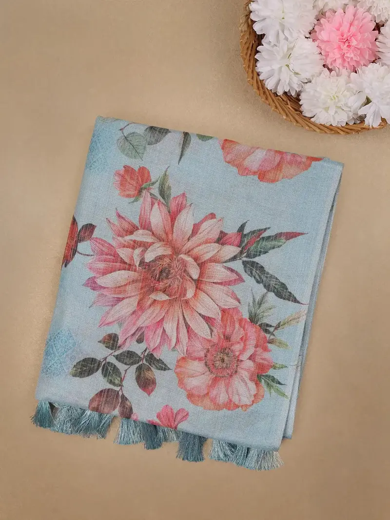 Light Blue Green Floral Printed Fancy Cotton Saree 1