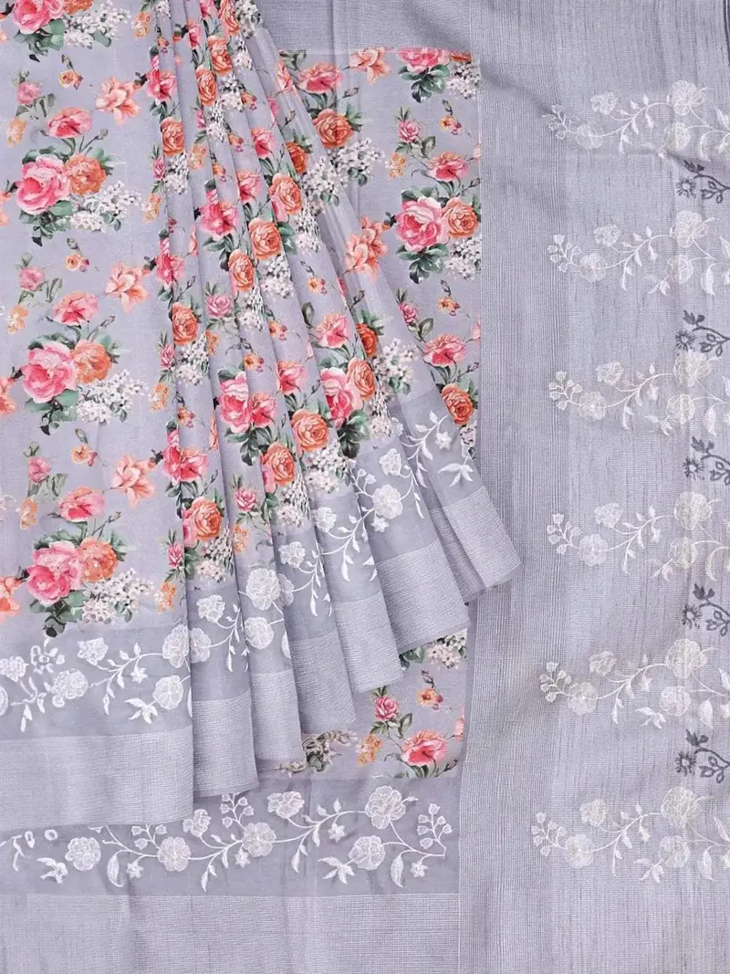 Light Blue Grey Chanderi Silk Saree With Floral Prints & Thread Border 1