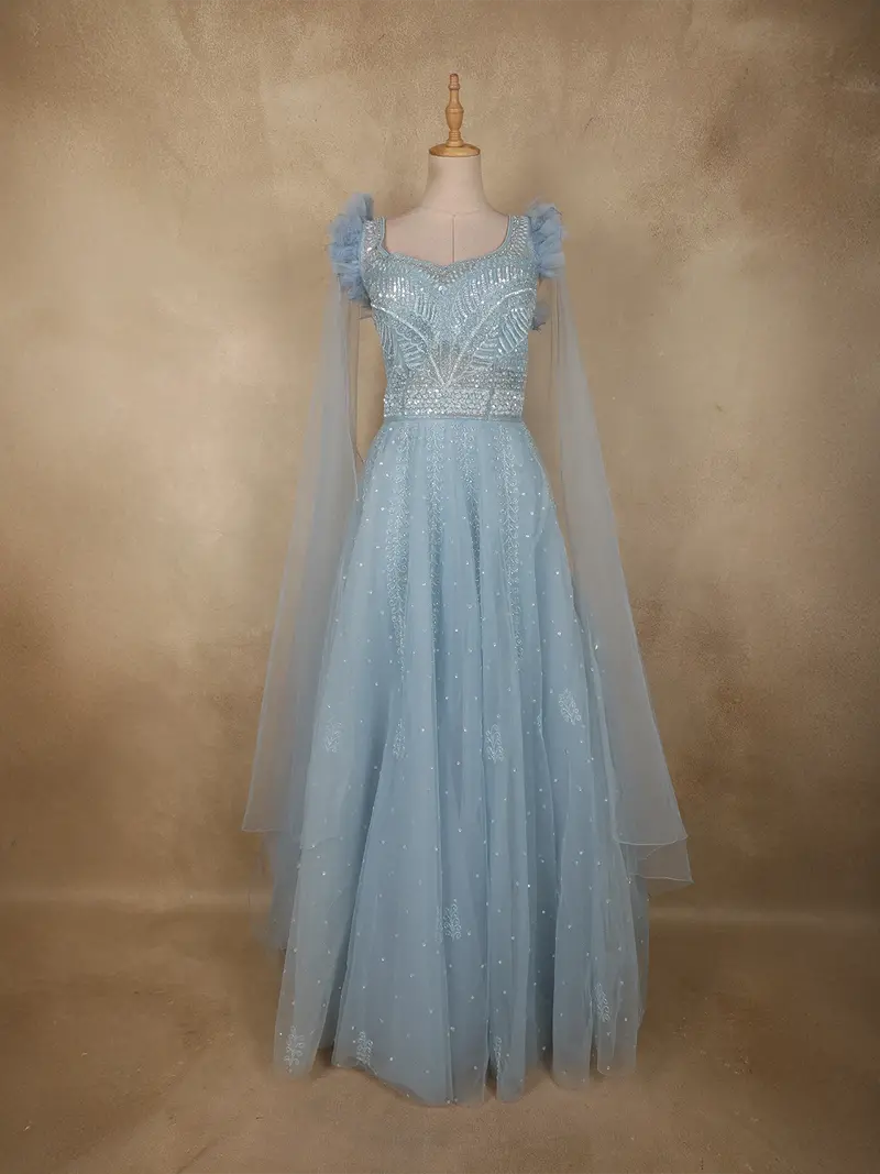 Light Blue Heavy Sequins And Beads Embroidered Design Net Party Wear Gown 1