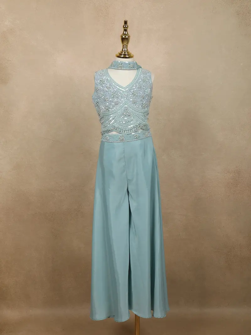 Light Blue Heavy Sequins And Beads Embroidered Design Satin Kids Palazzo Suit With Choker  Dupatta 1