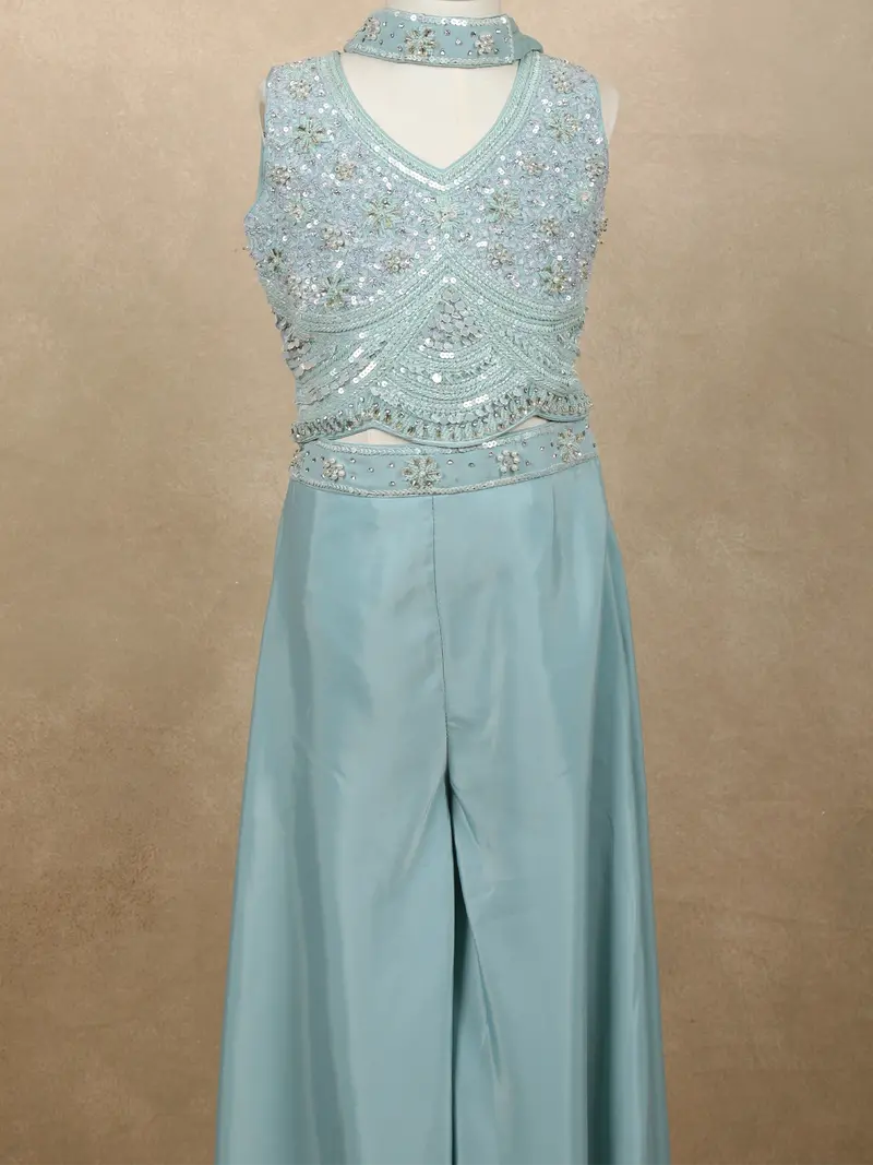 Light Blue Heavy Sequins And Beads Embroidered Design Satin Kids Palazzo Suit With Choker Dupatta 2