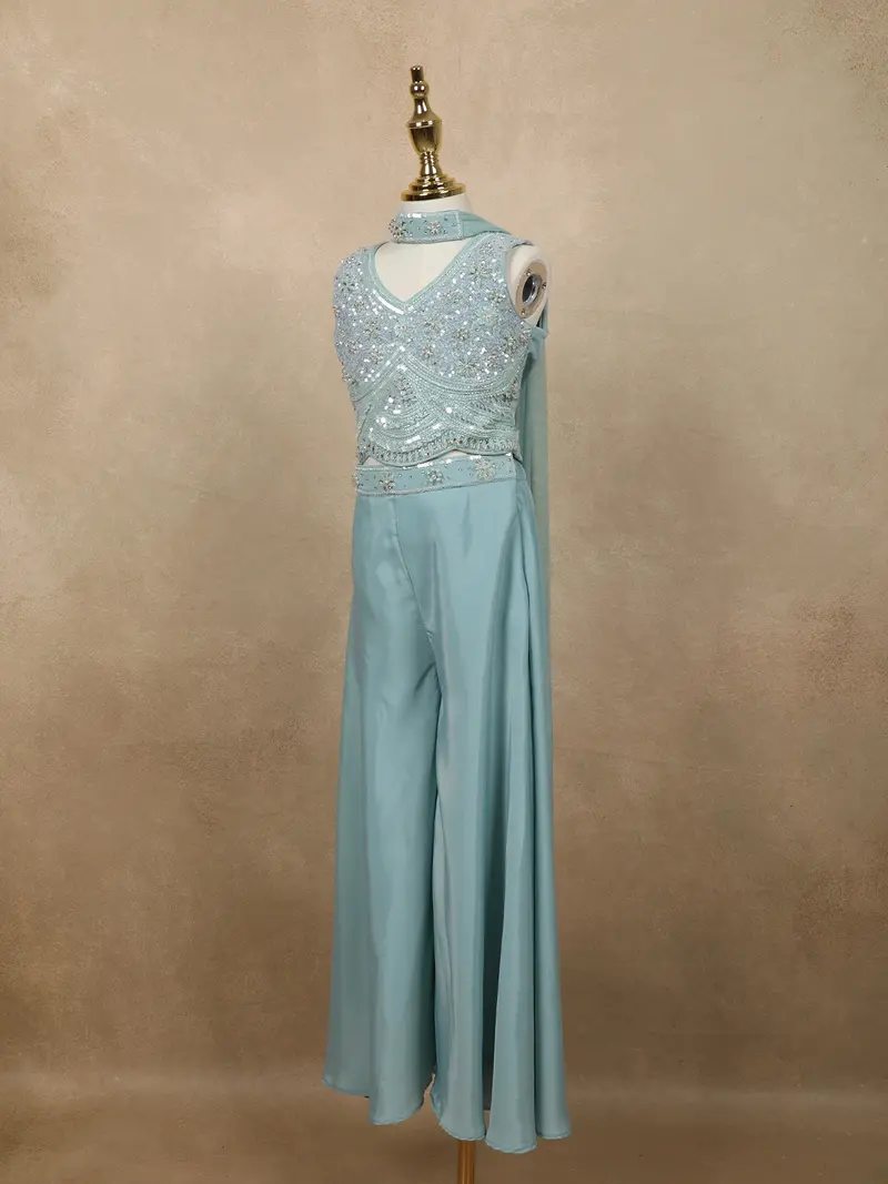 Light Blue Heavy Sequins And Beads Embroidered Design Satin Kids Palazzo Suit With Choker Dupatta 3