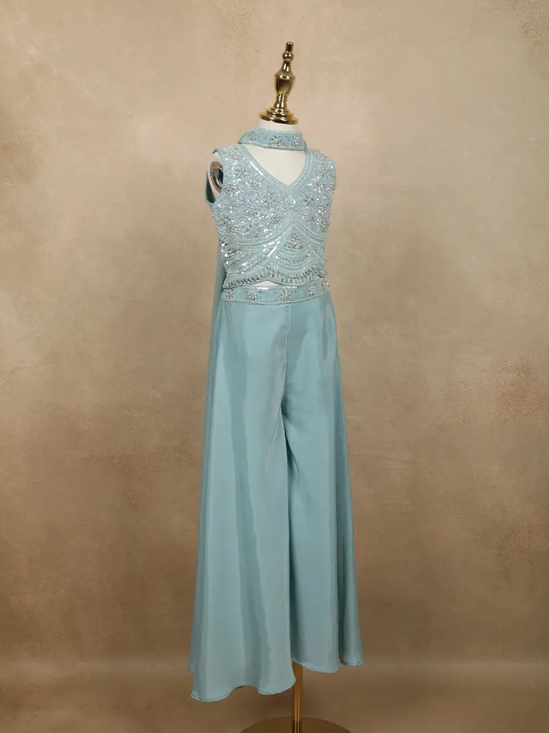 Light Blue Heavy Sequins And Beads Embroidered Design Satin Kids Palazzo Suit With Choker Dupatta 4