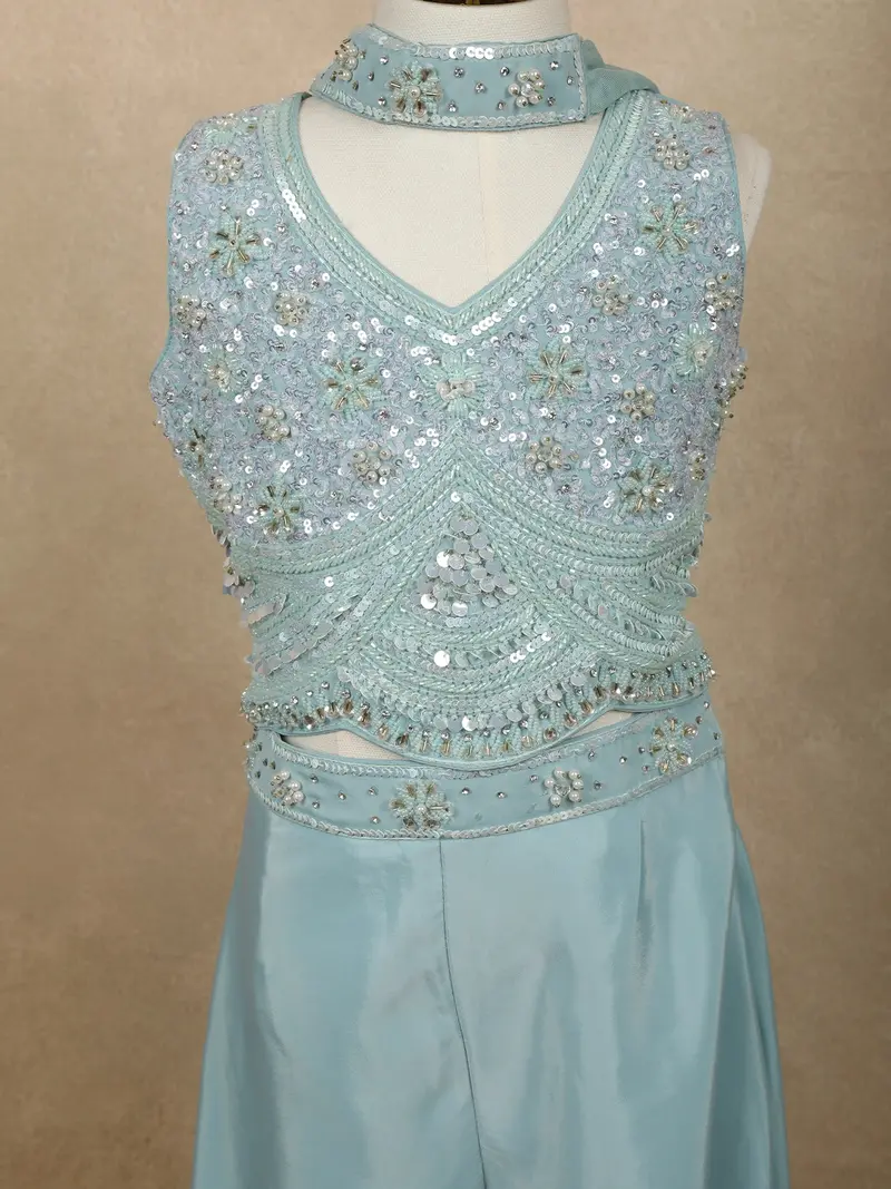 Light Blue Heavy Sequins And Beads Embroidered Design Satin Kids Palazzo Suit With Choker Dupatta 5