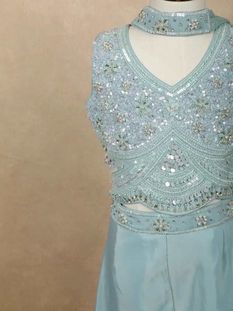 Light Blue Heavy Sequins And Beads Embroidered Design Satin Kids Palazzo Suit With Choker Dupatta 6