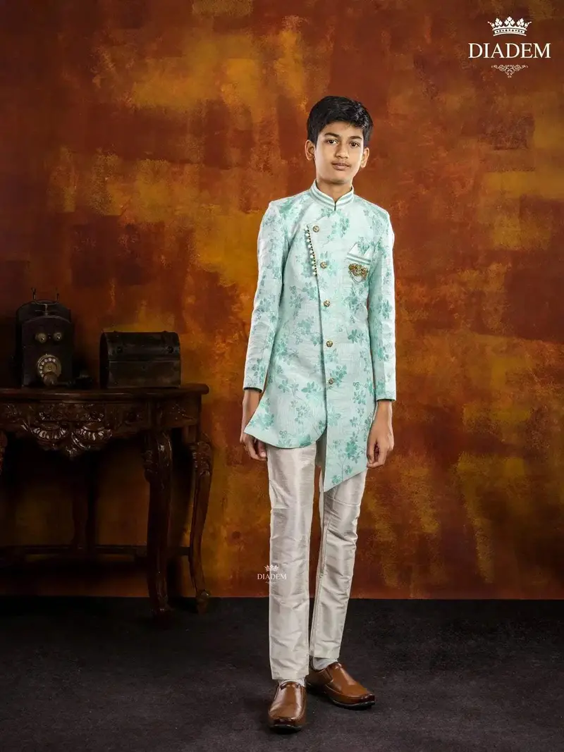 Light Blue Indo Western Sherwani Adorned In Floral Prints With Brooch 1