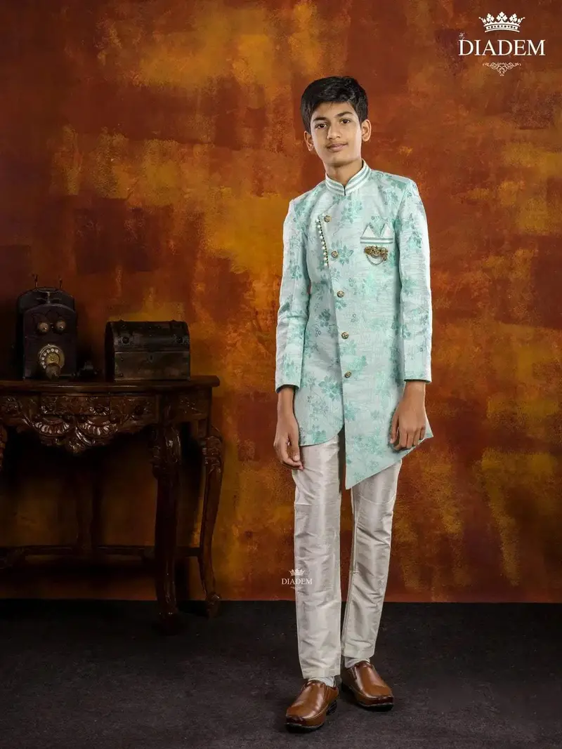 Light Blue Indo Western Sherwani Adorned In Floral Prints With Brooch 2