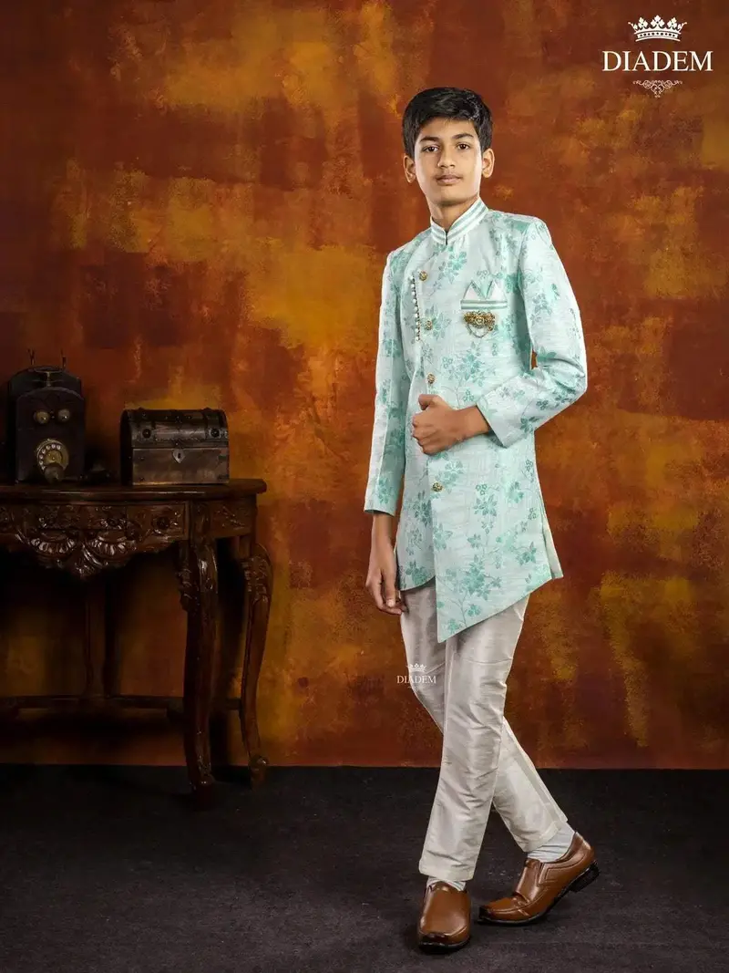Light Blue Indo Western Sherwani Adorned In Floral Prints With Brooch 3