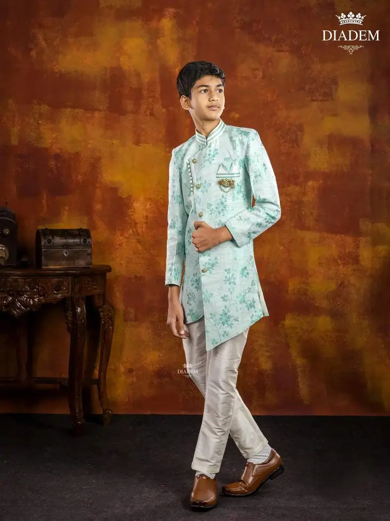 Light Blue Indo Western Sherwani Adorned In Floral Prints With Brooch 4