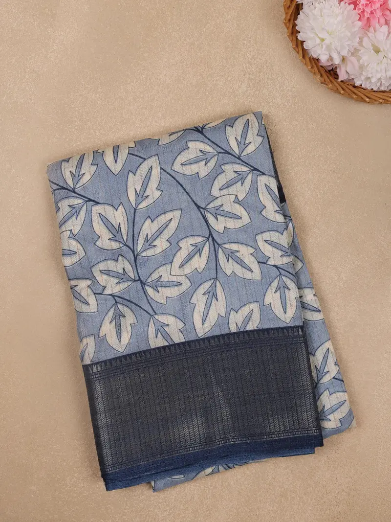 Light Blue Leaf Printed Fancy Cotton Saree 1