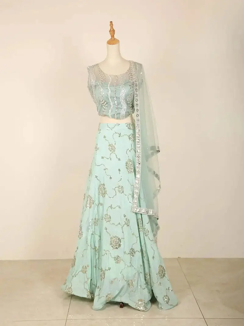 Light Blue Lehenga Adorned In Floral Sequins With Dupatta 1