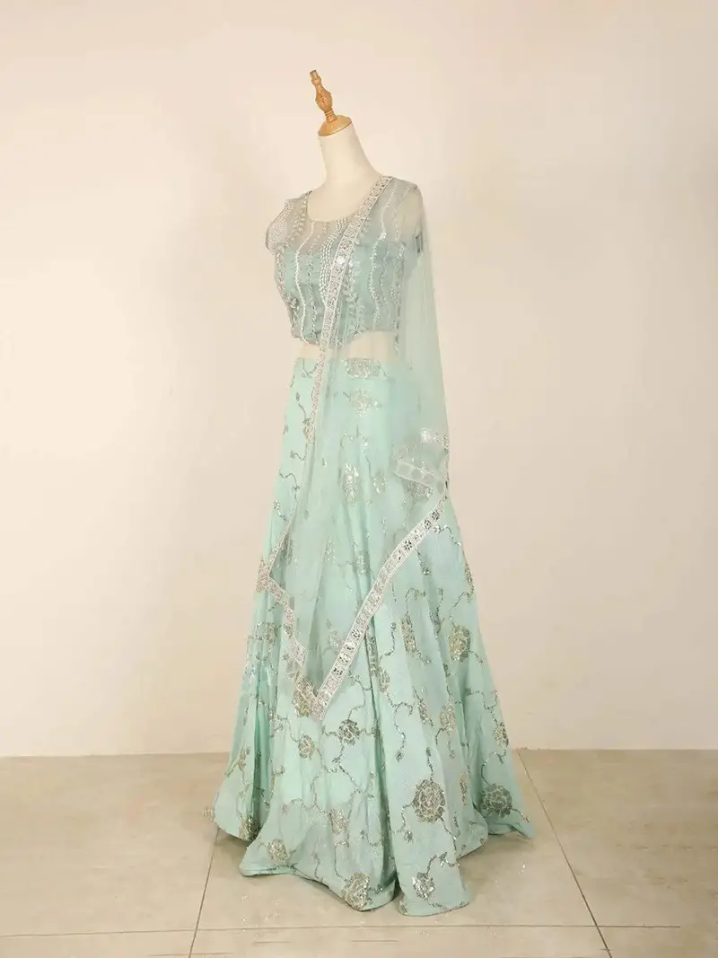 Light Blue Lehenga Adorned In Floral Sequins With Dupatta 2