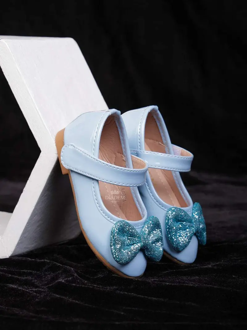 Light Blue Matte Ballerinas With Attached Glitter Bow For Girls 1