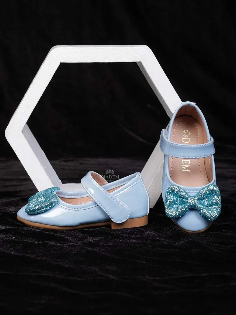 Light Blue Matte Ballerinas With Attached Glitter Bow For Girls 2