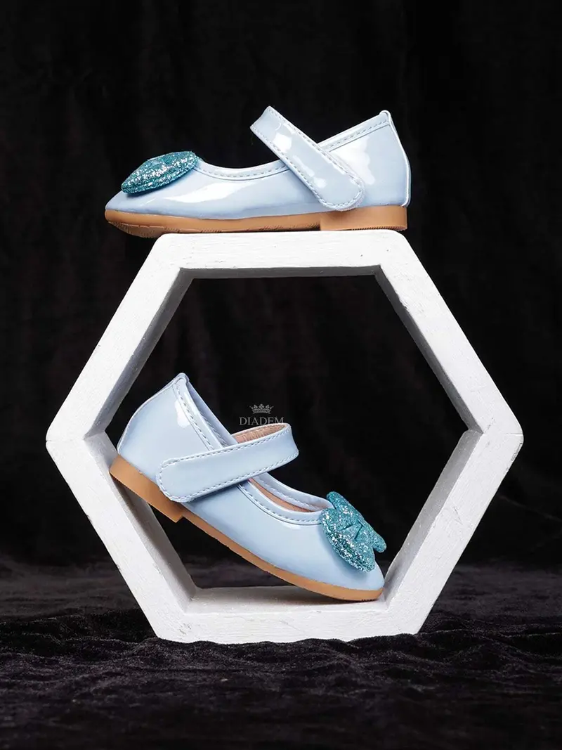 Light Blue Matte Ballerinas With Attached Glitter Bow For Girls 3