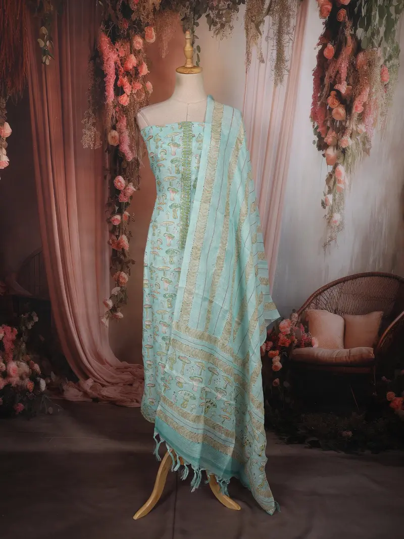 Light Blue Nature Inspired Printed Design Cotton Unstitched Salwar Material With Dupatta 1