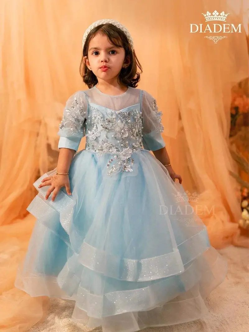 Light Blue Net Gown With Pearl Bead Embellishments And 3D Flowers 1