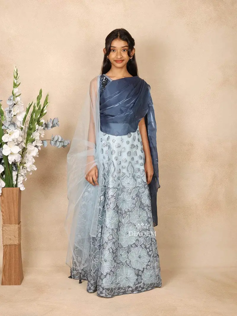 Light Blue Net Lehenga Embellished With Floral Embroidery Paired With Net Dupatta 1
