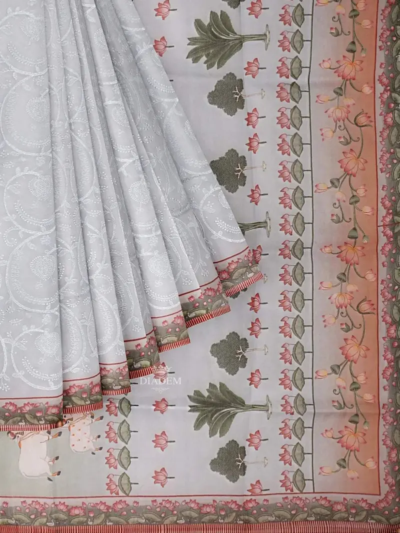 Light Blue Organza Saree With Floral Thread Work On The Body And Printed Border 1