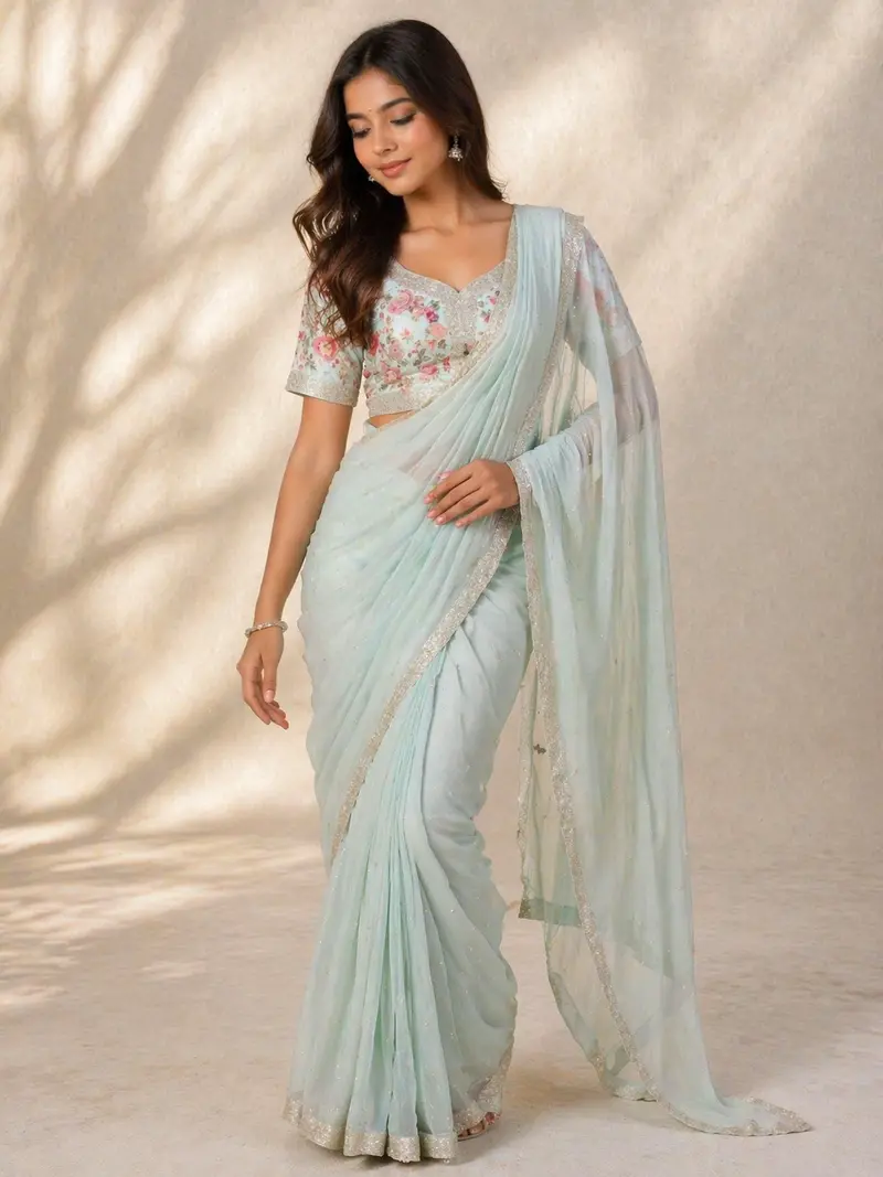Light Blue Organza Saree With Sequins And Beads Embellished Border Paired With Designer Blouse 1