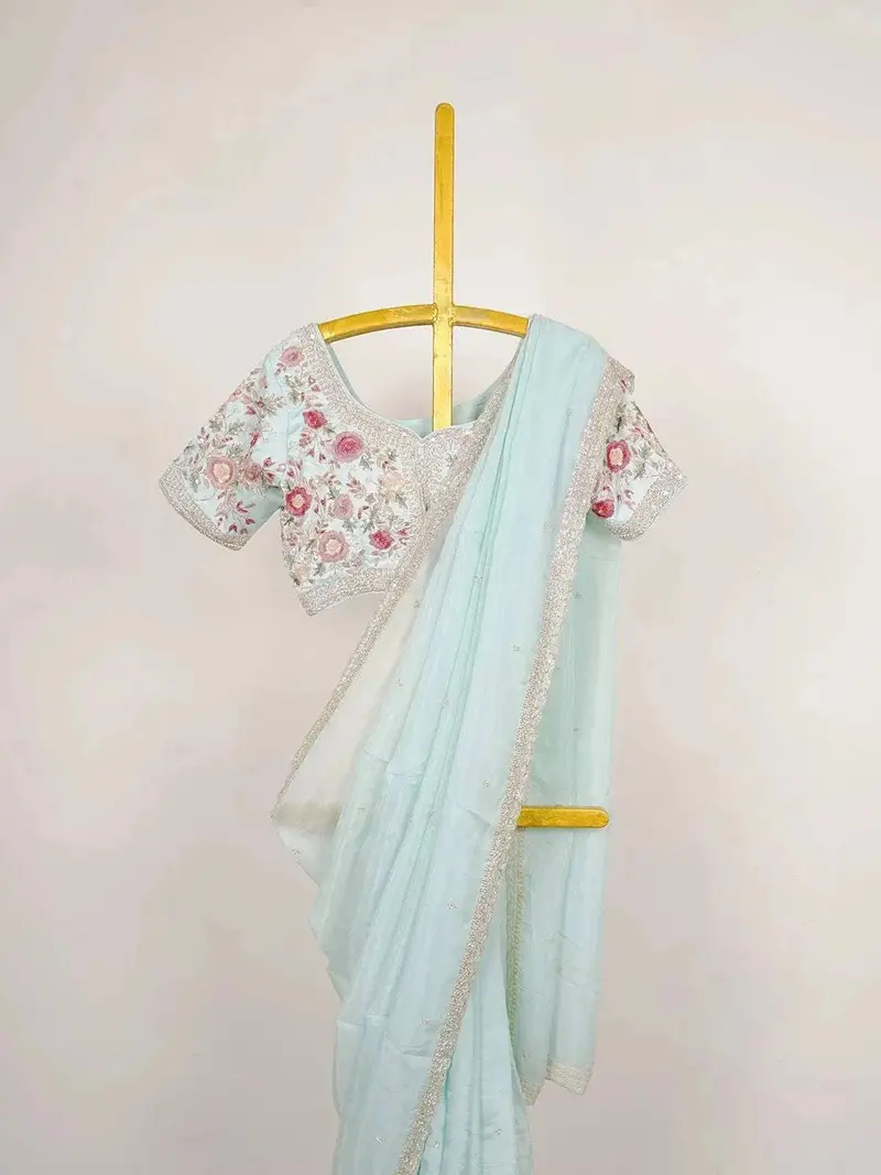 Light Blue Organza Saree With Sequins And Beads Embellished Border Paired With Designer Blouse 2