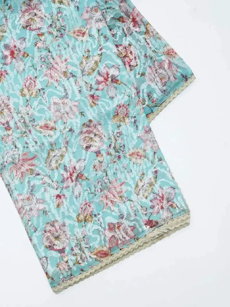 Light Blue Organza Silk Saree With Floral Prints And Sequins 1