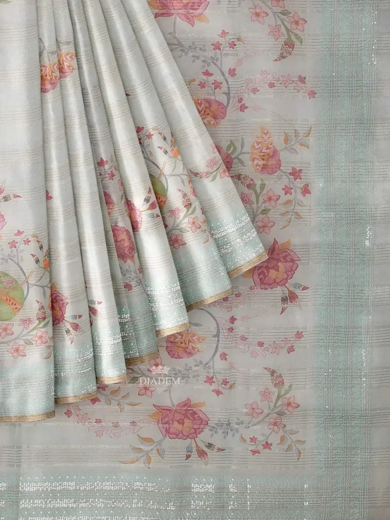 Light Blue Organza Silk Saree With Floral Prints On The Body And Embroidery Border 1