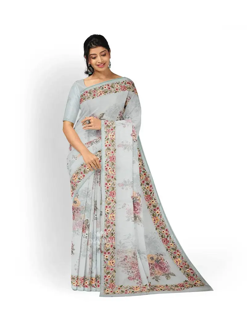 Light Blue Organza Silk Saree With Floral Prints On The Body And Embroidery Border 1