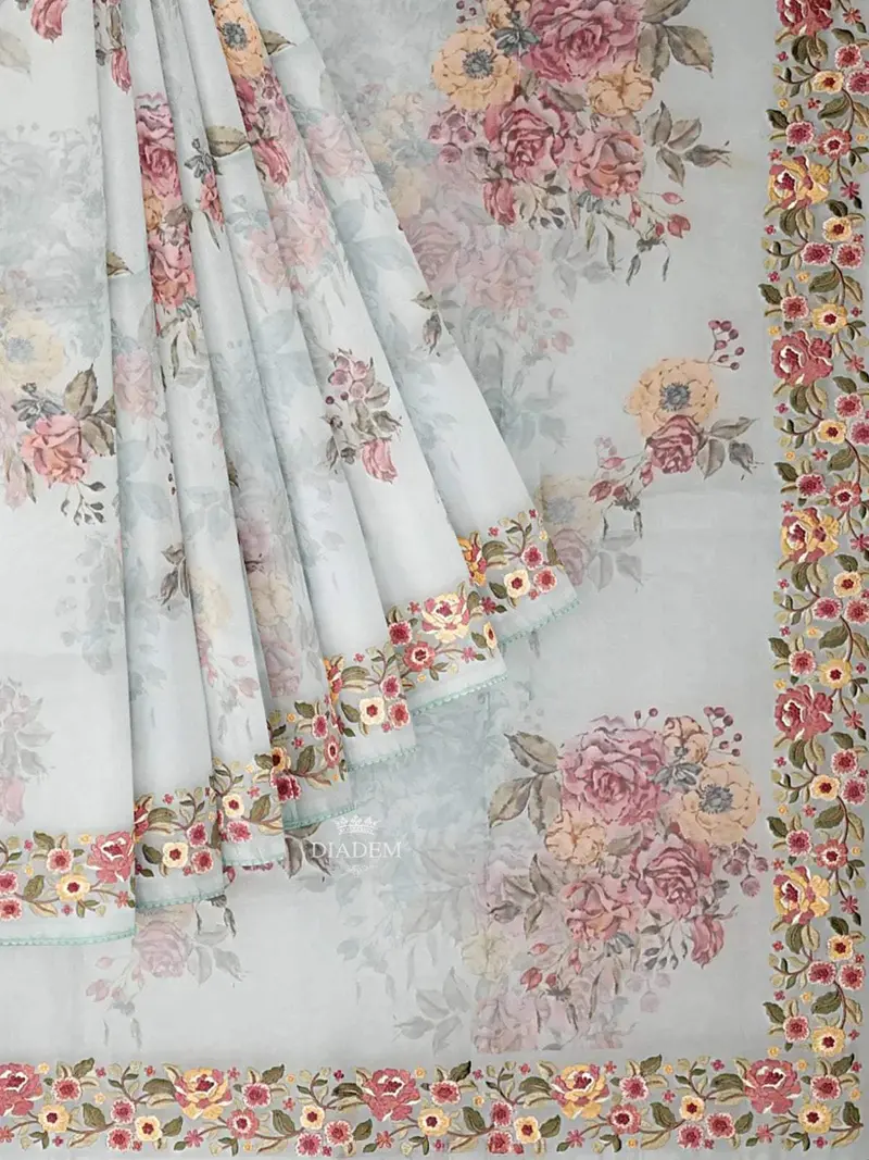 Light Blue Organza Silk Saree With Floral Prints On The Body And Embroidery Border 2