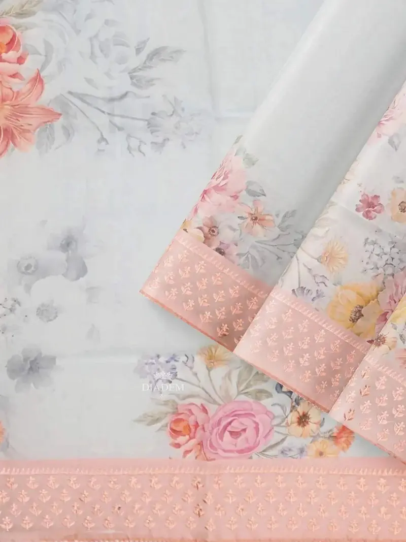Light Blue Organza Silk Saree With Floral Prints On The Body And Threadwork Embroidery Border 2