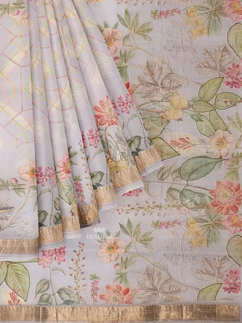Light Blue Organza Silk  Saree With Floral Prints On The Body And Zari Border 1