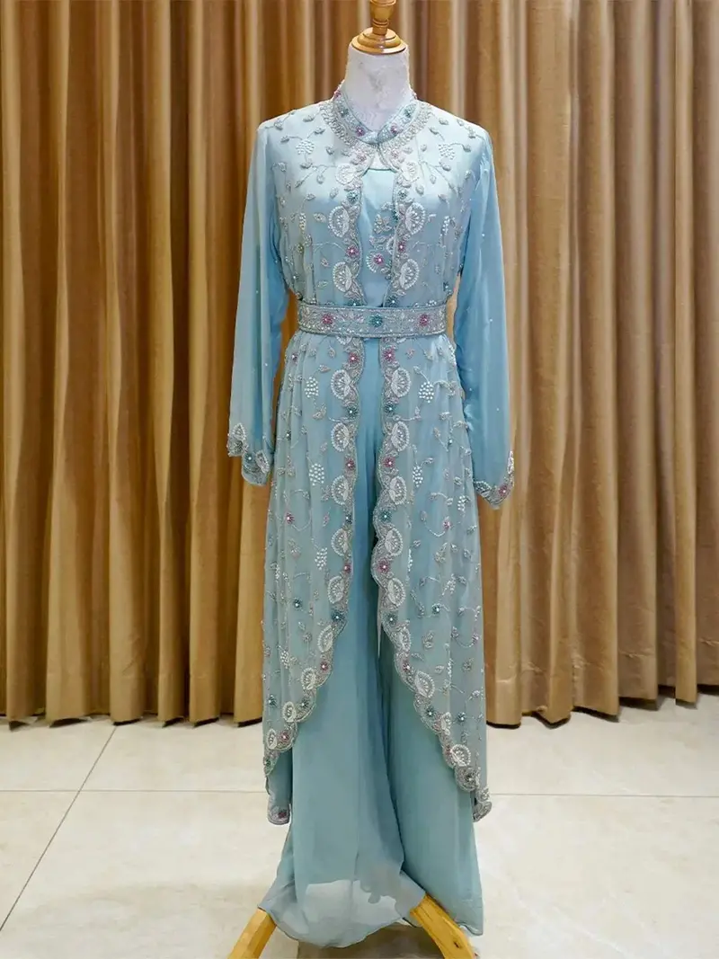 Light Blue Palazzo Salwar Suit For Women With Embroidered Long Overcoat And Waist Belt 1