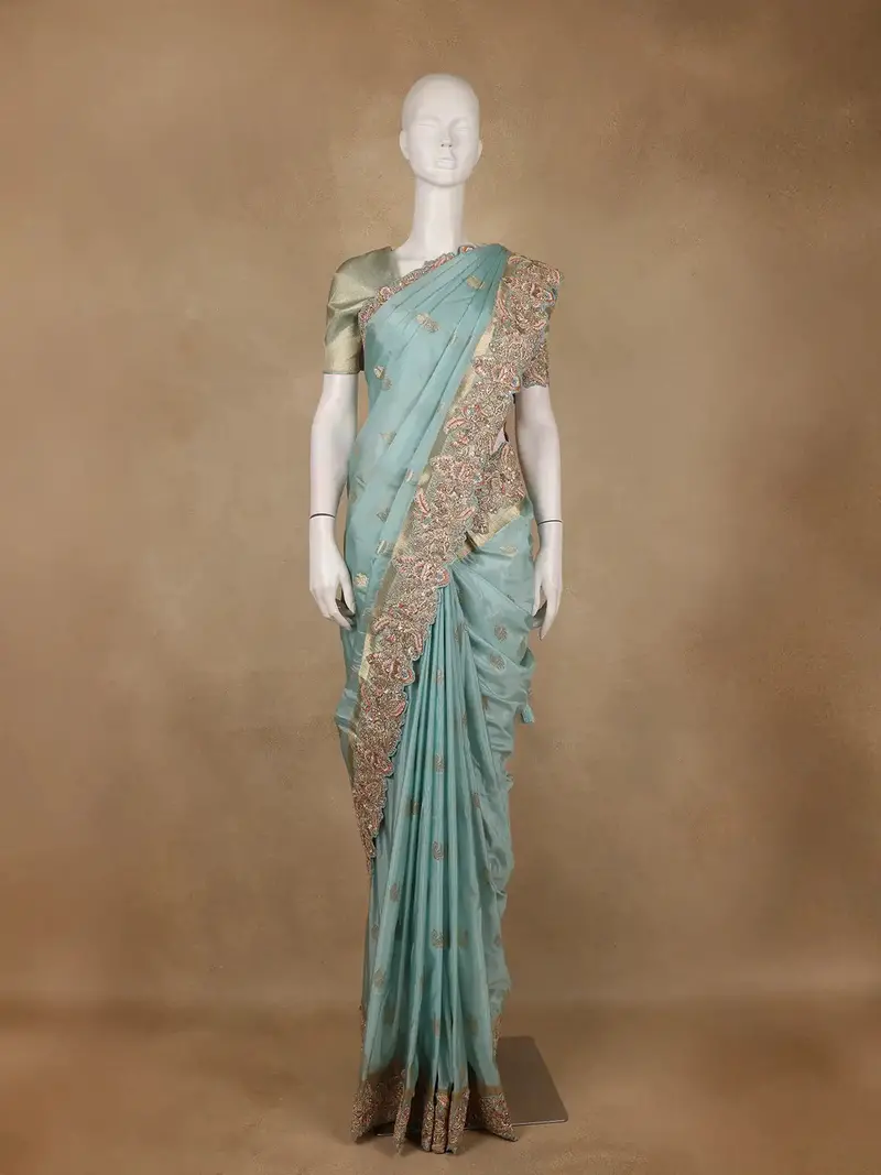Light Blue Peacock Motif Woven Banarasi Silk Saree 1