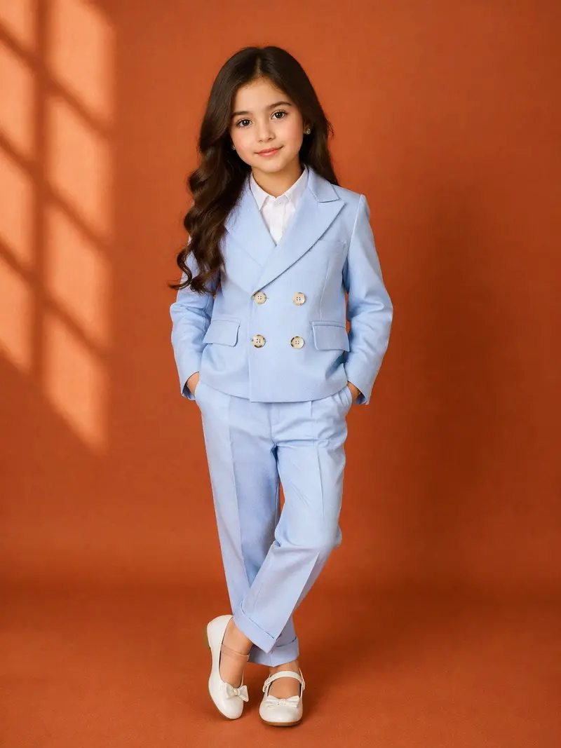 Light Blue Plain Cotton Blend Coat Suit 1