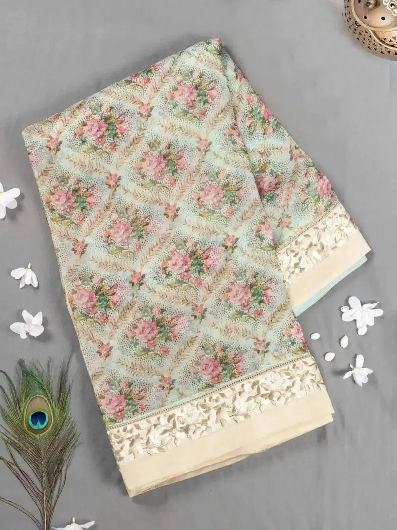 Light Blue Pure Organza Silk Saree Embellished With Floral Design Prints 1