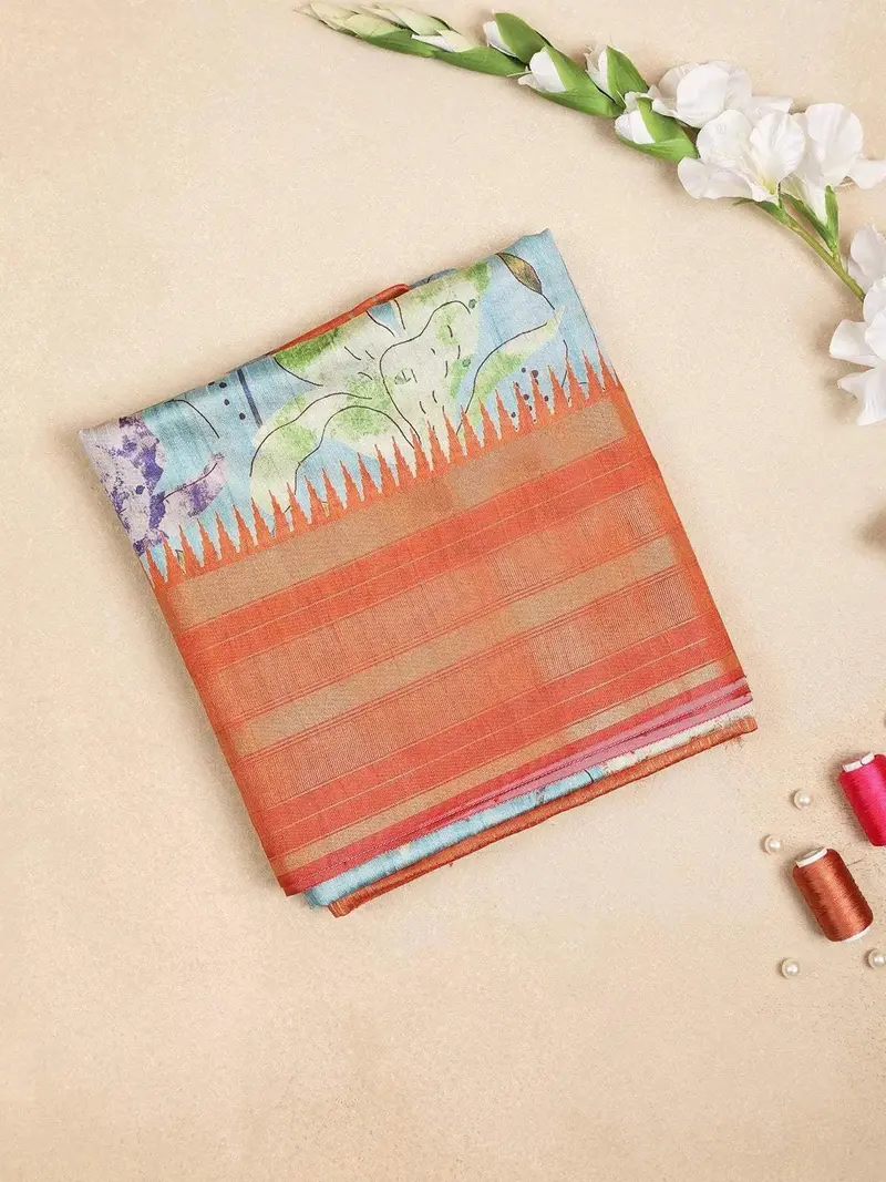Light Blue Semi Tussar Silk Saree With Floral Design On The Body With Contrast Border 1