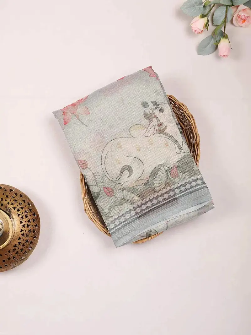Light Blue Semi Tussar Silk Saree With Floral Design On The Body Without Border 1