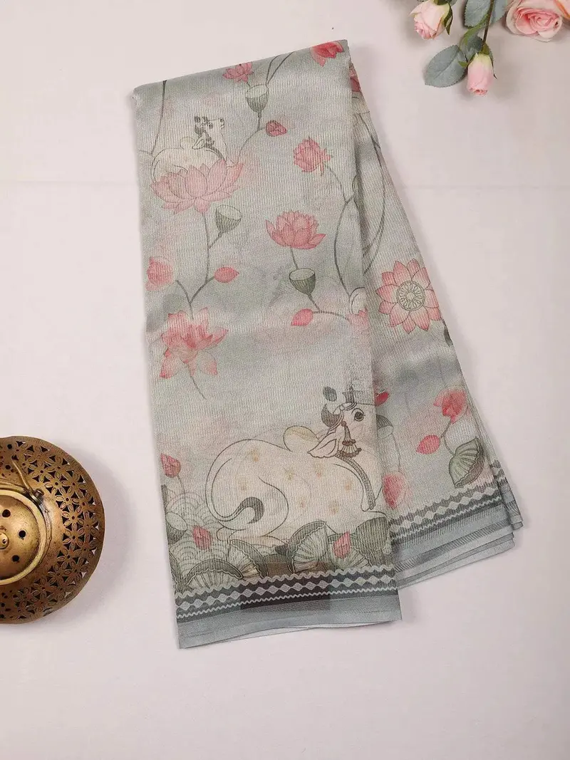 Light Blue Semi Tussar Silk Saree With Floral Design On The Body Without Border 2