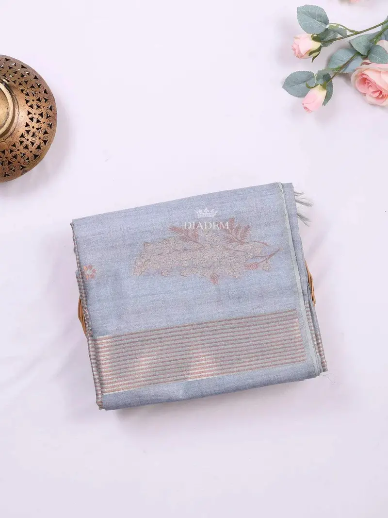 Light Blue Semi Tussar Silk Saree With Stripes And Floral Design And Without Border 1