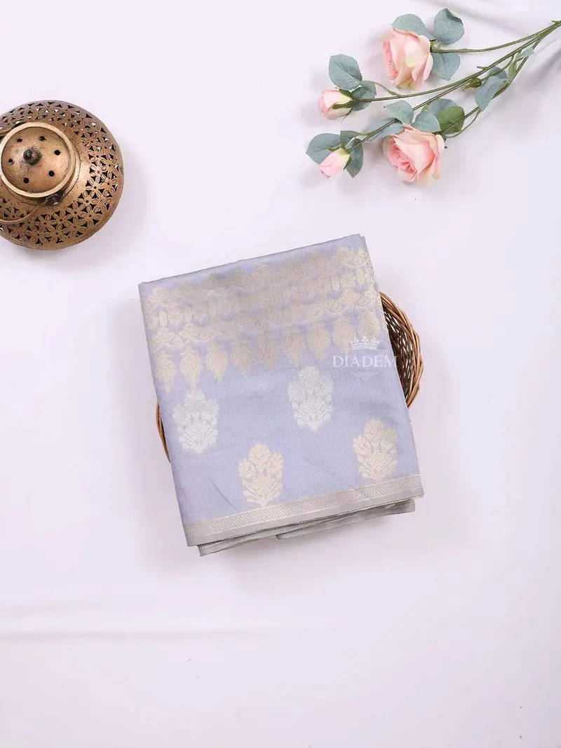 Light Blue Semi Tussar Silk Saree With Zari Butta On The Body And Without Border 1
