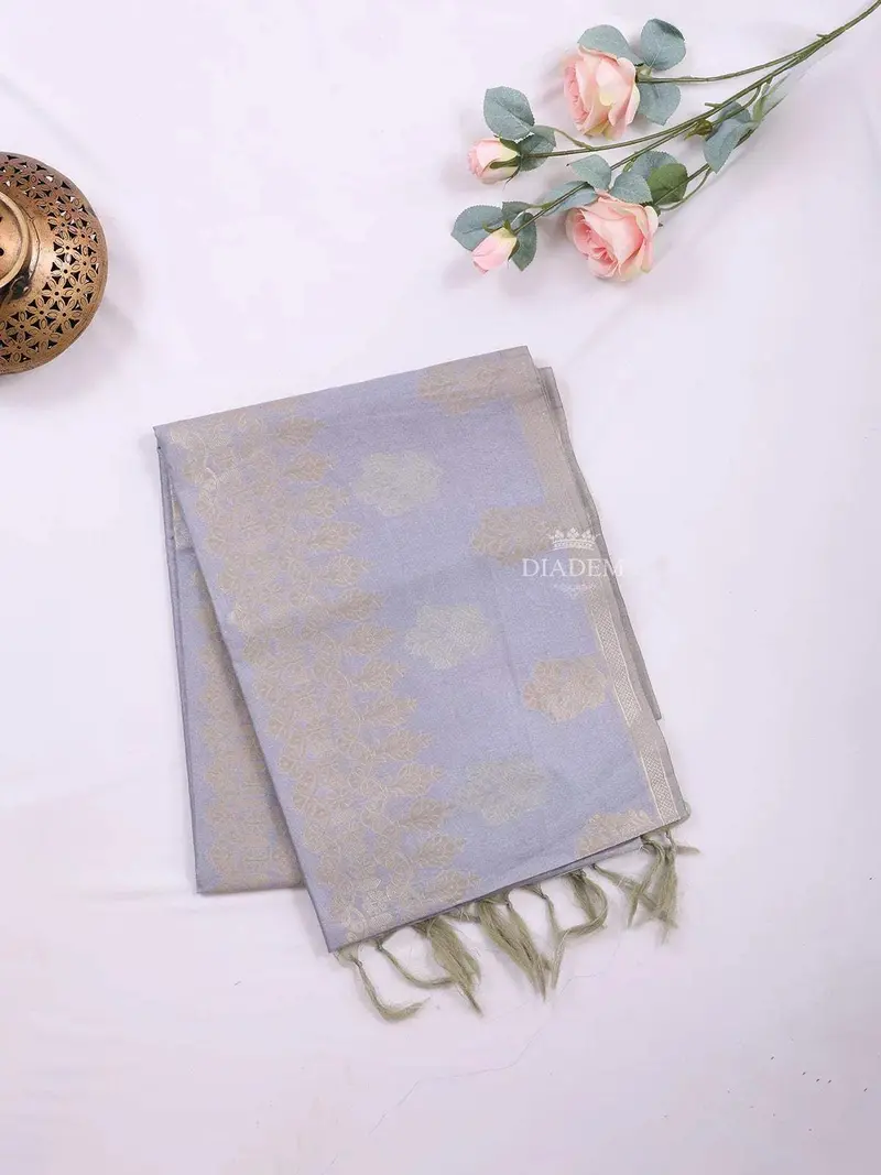 Light Blue Semi Tussar Silk Saree With Zari Butta On The Body And Without Border 2