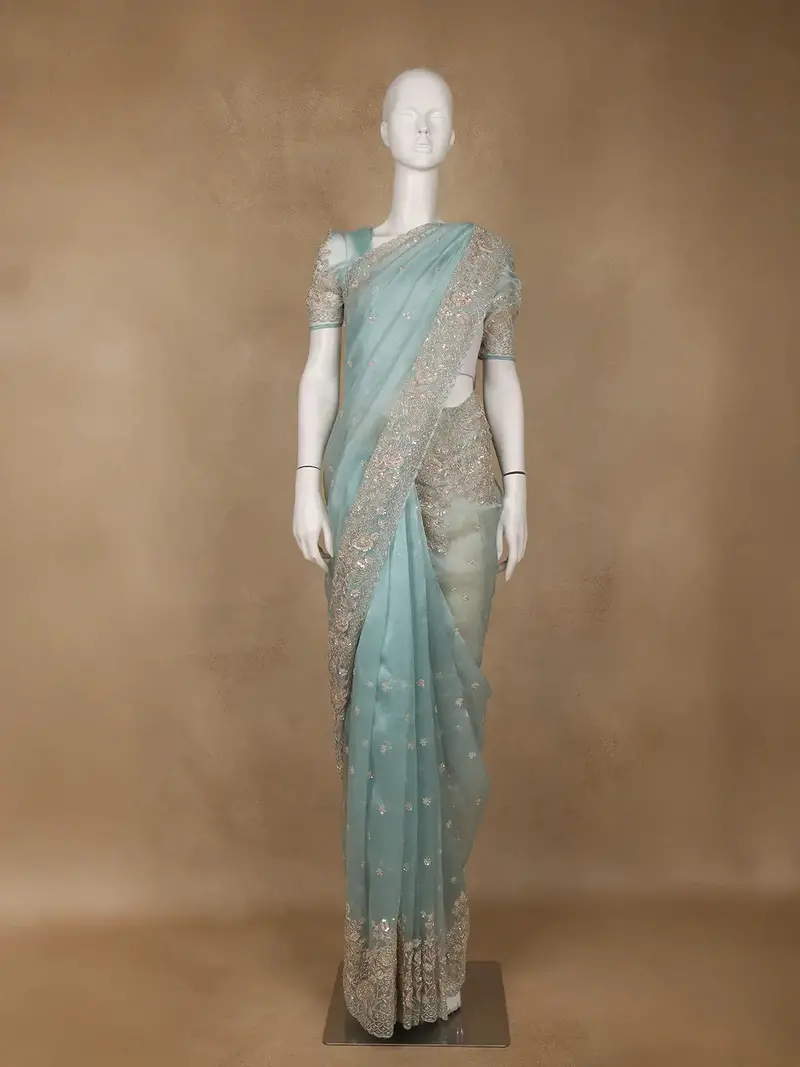 Light Blue Sequin Floral Designed Net Saree 1