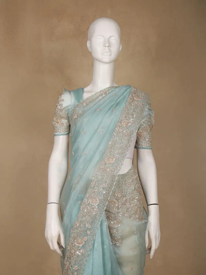 Light Blue Sequin Floral Designed Net Saree 2