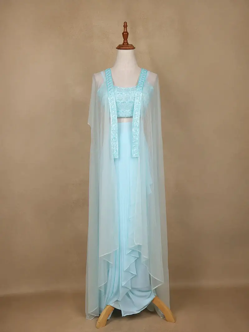 Light Blue Sequins Beaded Embroidery Georgette Palazzo Suit 1