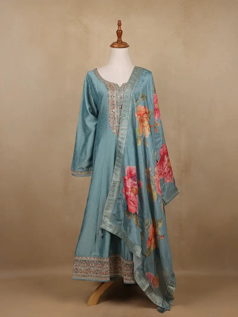 Light Blue Sequins Designed Floral Print Tussar Silk Salwar Suit 1