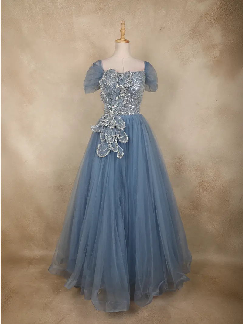 Light Blue Sequins Embellished Design Net Ball Gown With Puff Sleeves 1