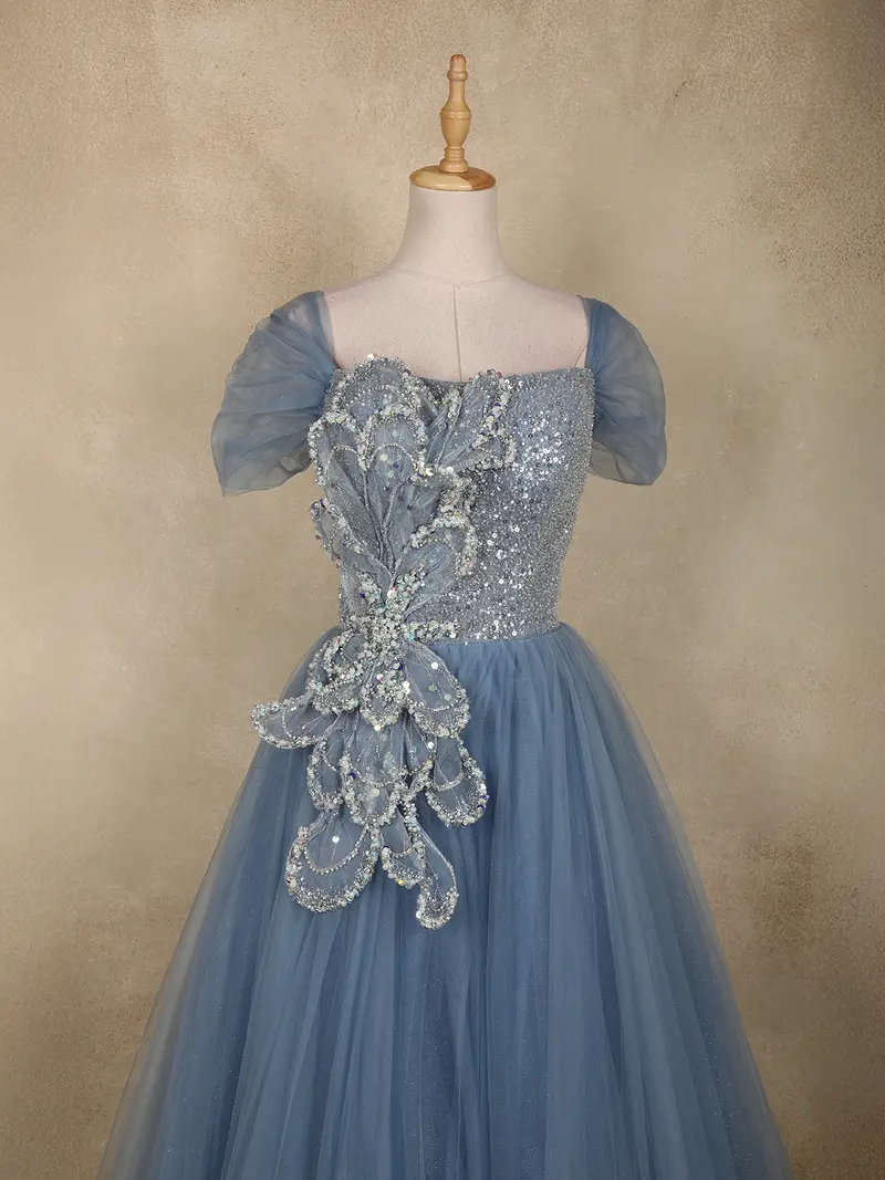Light Blue Sequins Embellished Design Net Ball Gown With Puff Sleeves 2