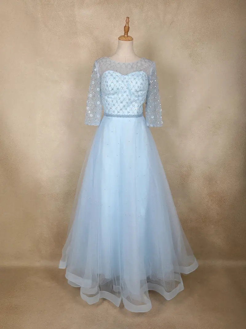 Light Blue Sequins Embellished Design Net Gown 1