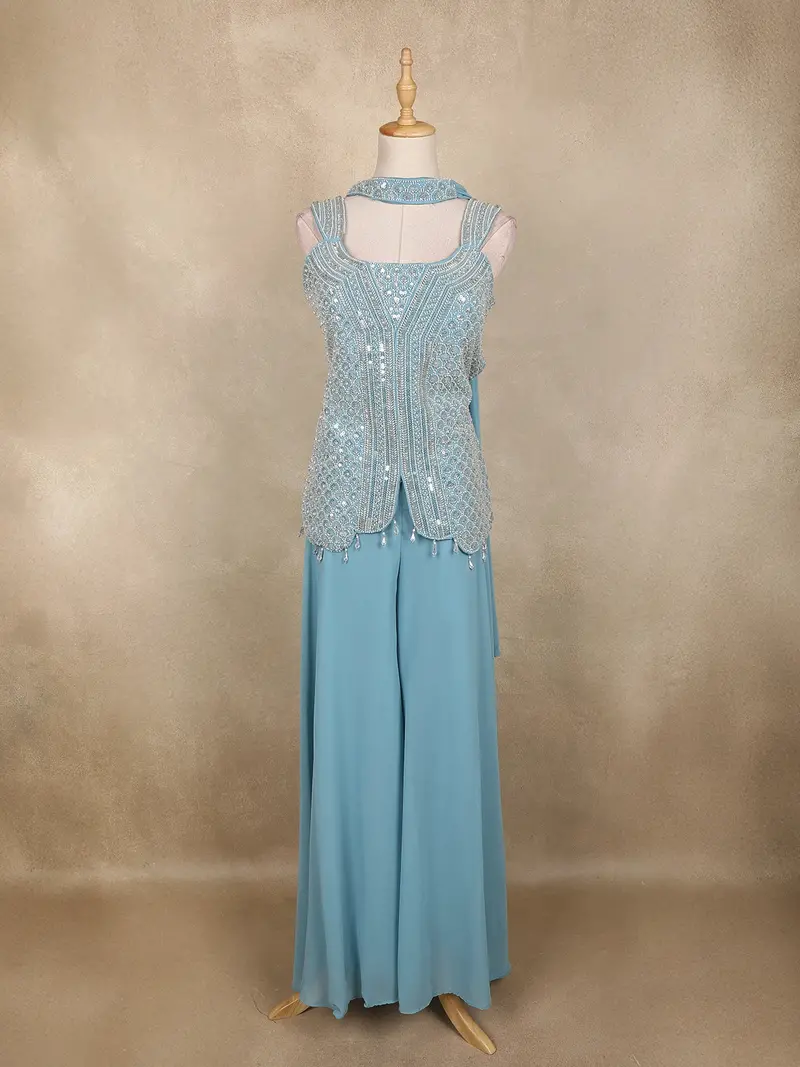 Light Blue Sequins Embellished Georgette Palazzo Suit With Dupatta 1