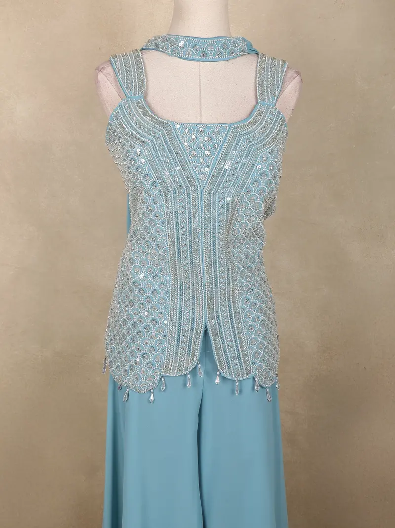 Light Blue Sequins Embellished Georgette Palazzo Suit With Dupatta 2